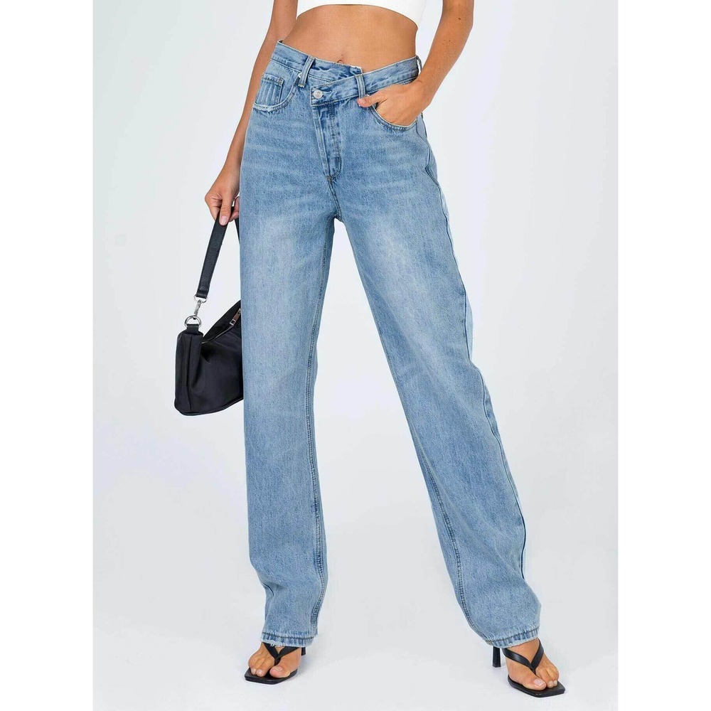 Princess Polly Holly Asymmetric Straight Leg Jeans Light Wash Blue Denim Staple